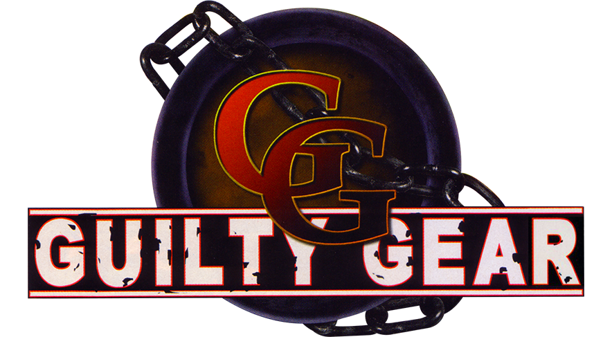 the logo for the original Guilty Gear game. it features a metal disc with a chain hanging over it. in the center of the disc are the letters 'GG' in red with a yellow outline. beneath the disc is a black bar with a white border on the top and bottom. across, it says 'GUILTY GEAR' in white. the logo is drawn to look weathered and worn